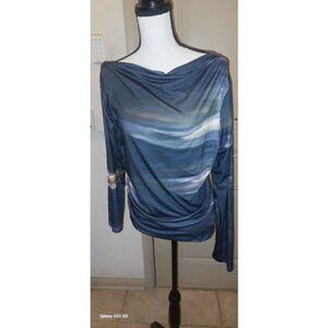 Marble Ombre Print Asymmetric Neck Fitted Elegant Pleated Long Sleeve shirt